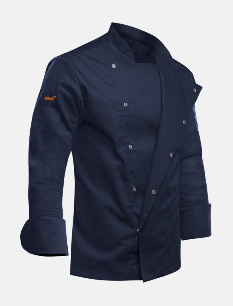 Men's chef's jacket with snap fasteners, dark blue, stretch, long-sleeved, slim fit