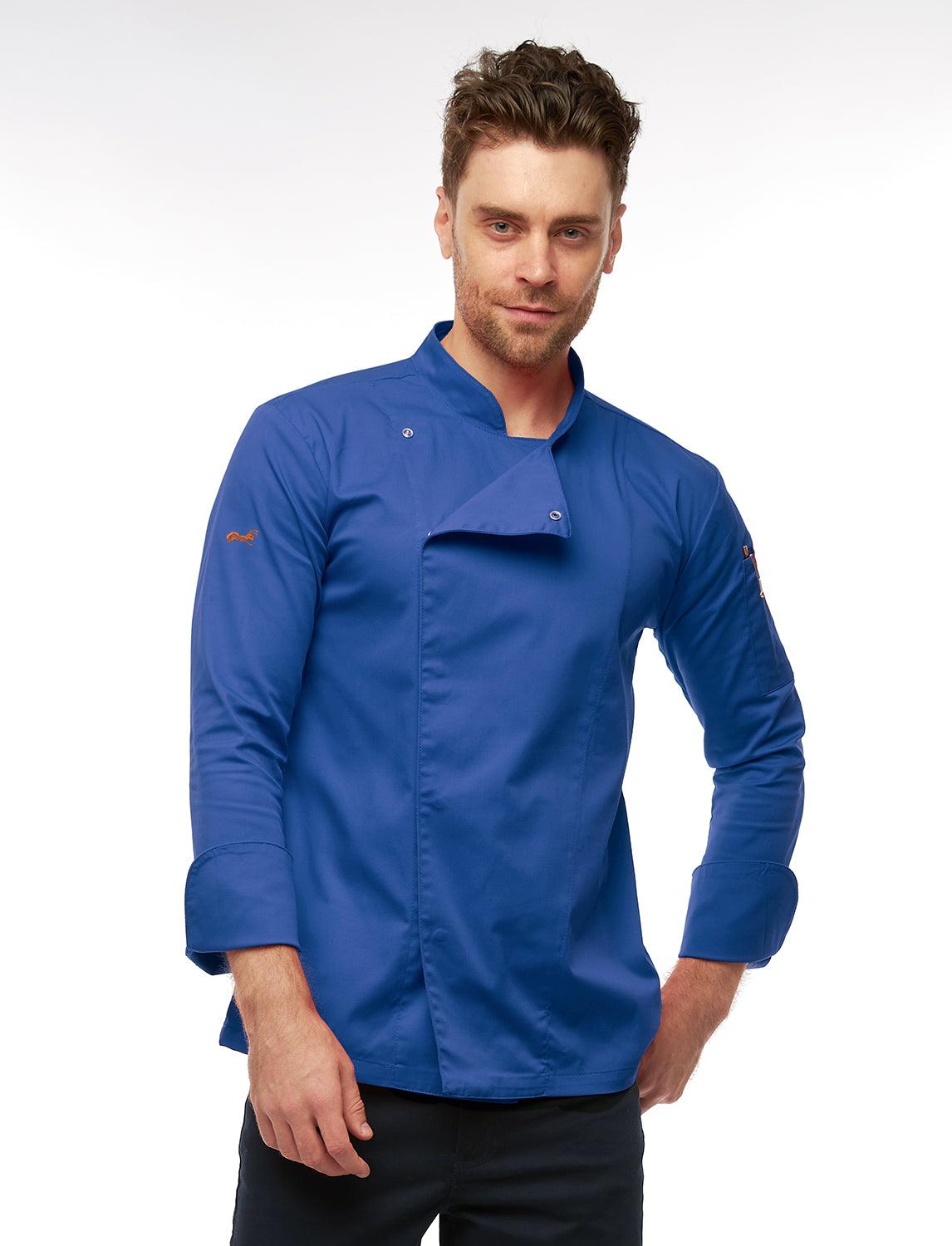 Stretch chef's jacket men with snap fasteners cornflower blue long-sleeved slim fit
