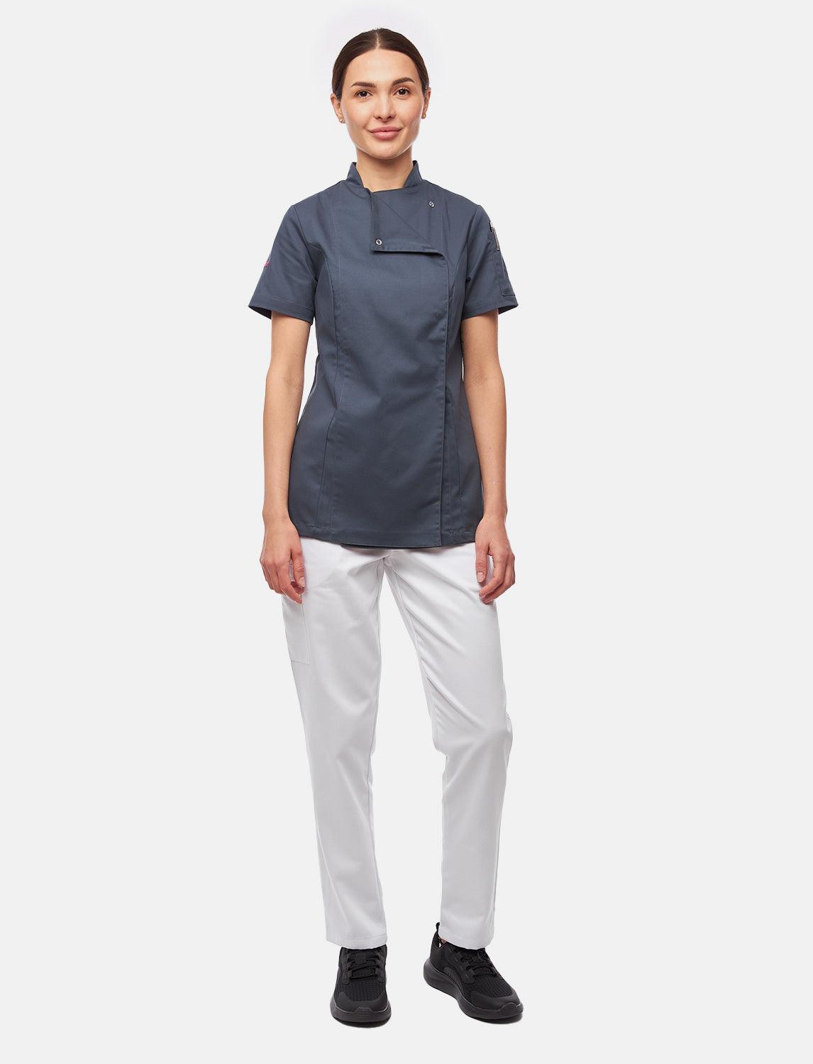 Stretch chef's jacket women with snap fasteners short sleeve slim fit