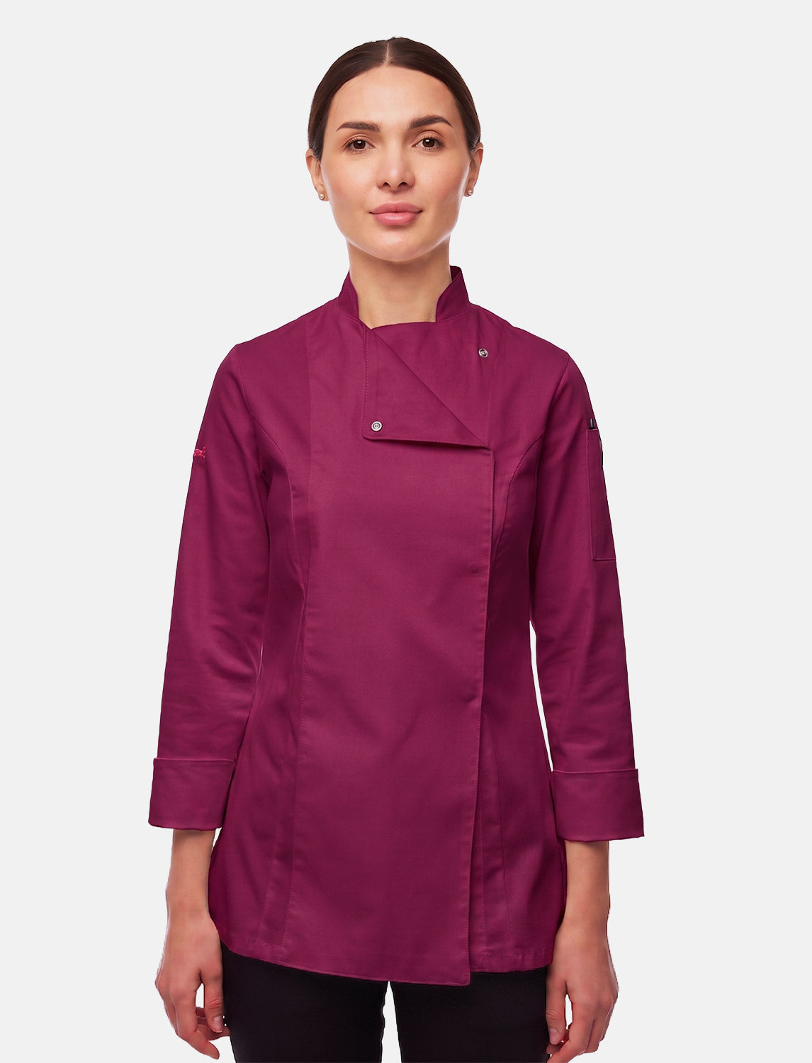 Stretch chef's jacket women with snap fasteners long sleeve slim fit