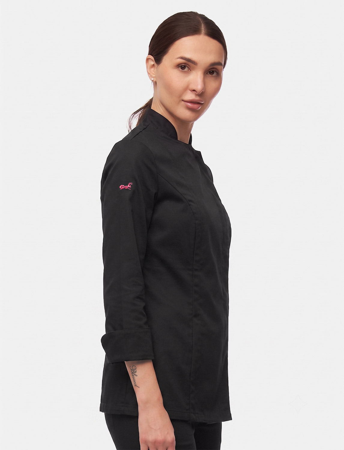 Stretch chef's jacket women with snap fasteners long sleeve slim fit