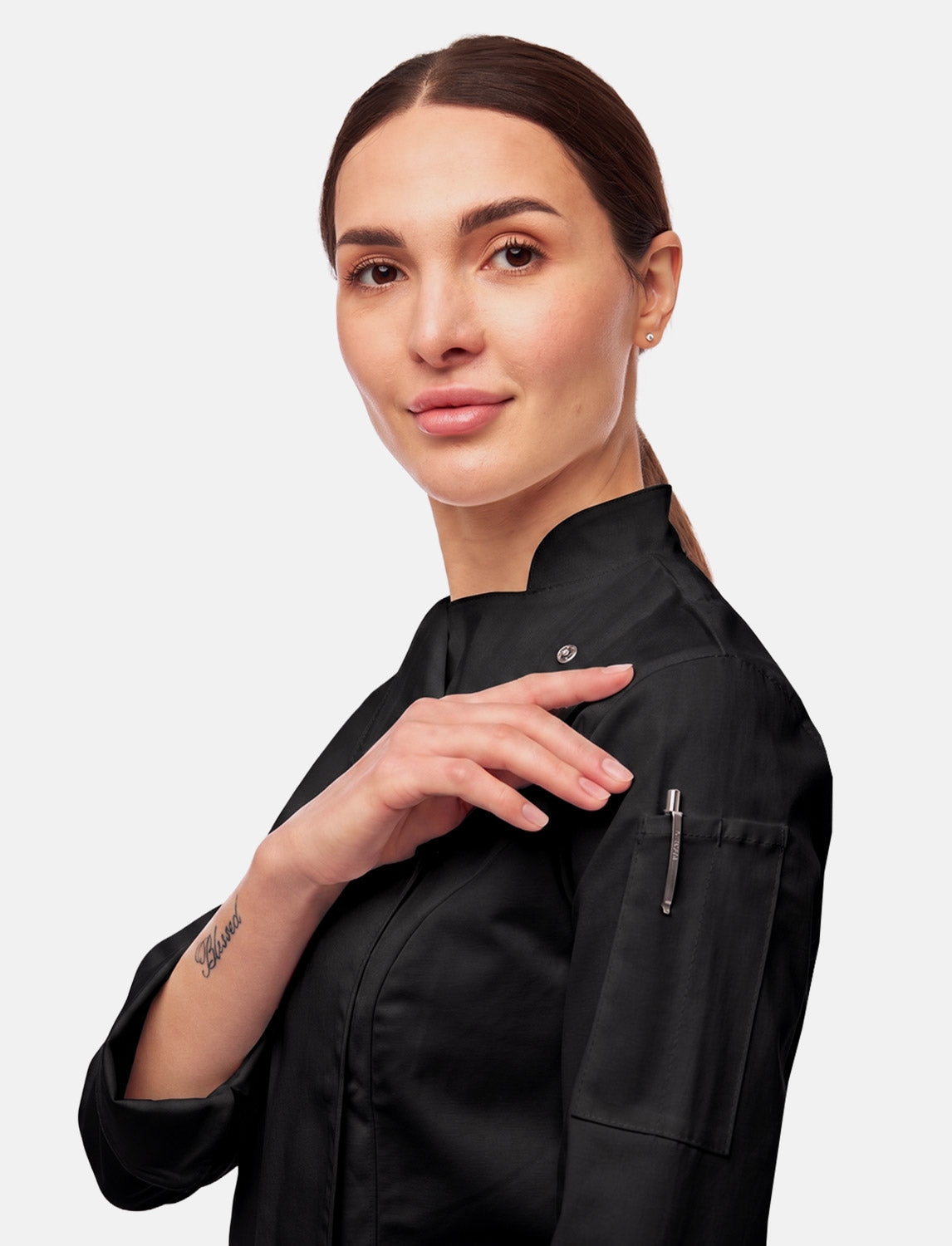 Stretch chef's jacket women with snap fasteners long sleeve slim fit