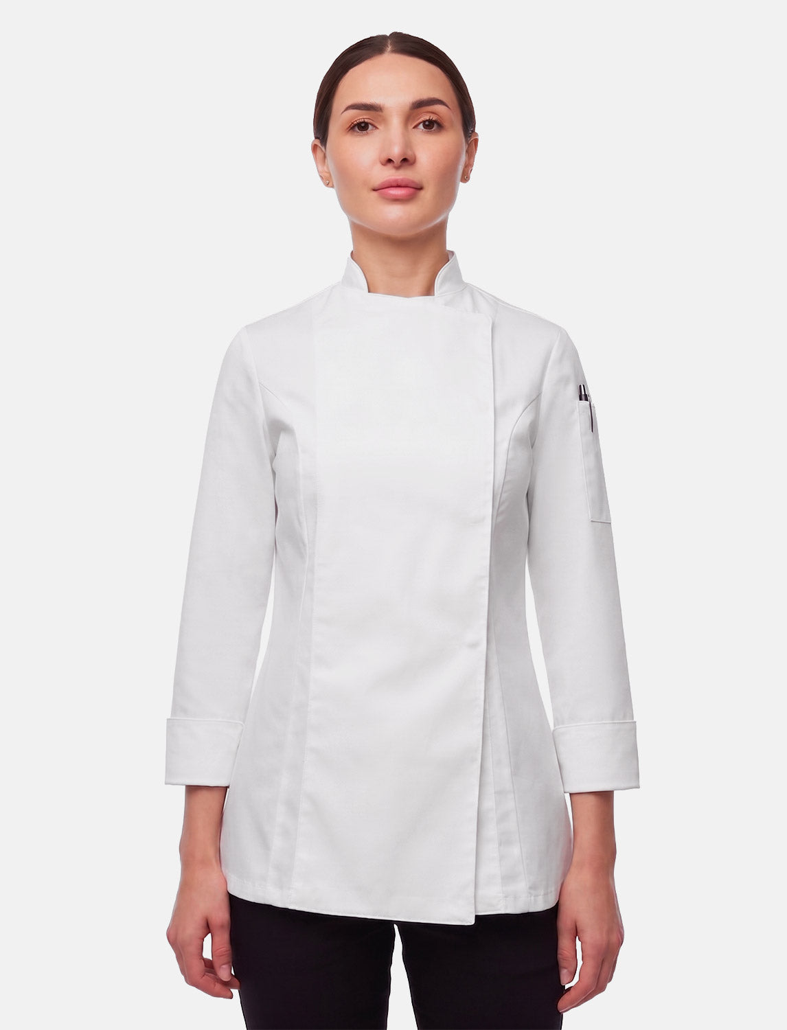 Stretch chef's jacket women with snap fasteners long sleeve slim fit