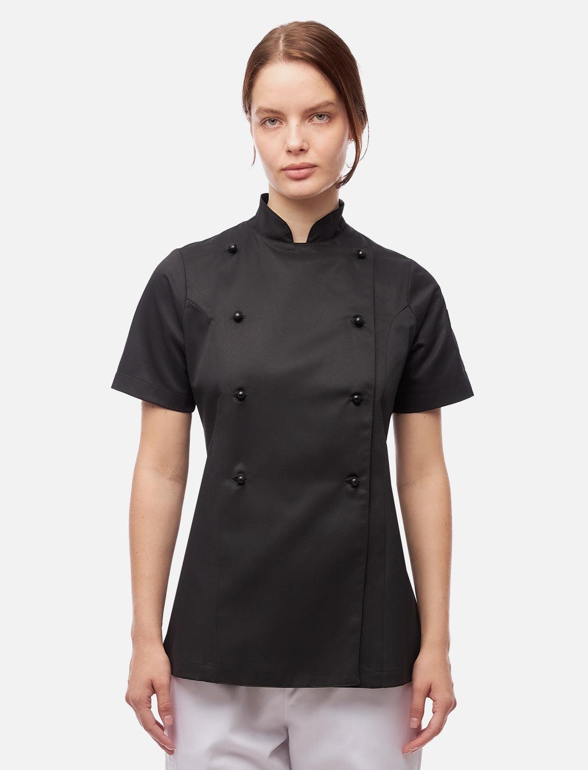 Women's chef's jacket with stretch back including ball buttons, short sleeve