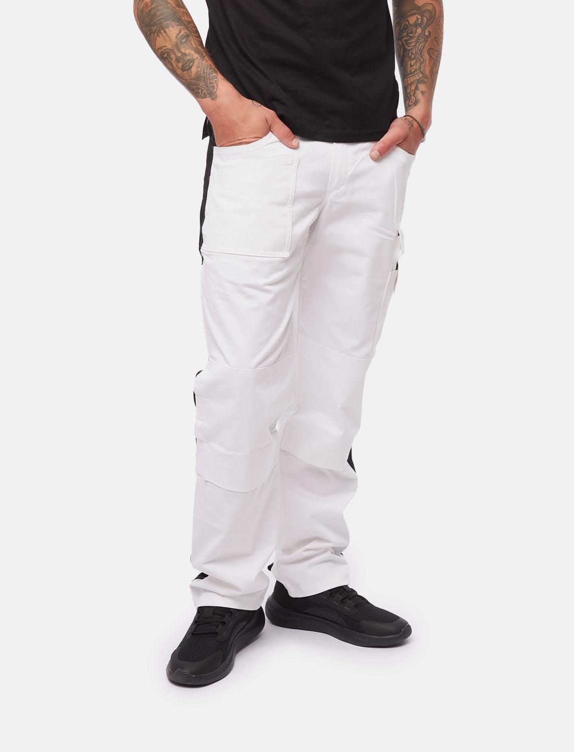 Pantalon de travail homme blanc 100 % coton avec poches pour genouillères, pantalon de peintre