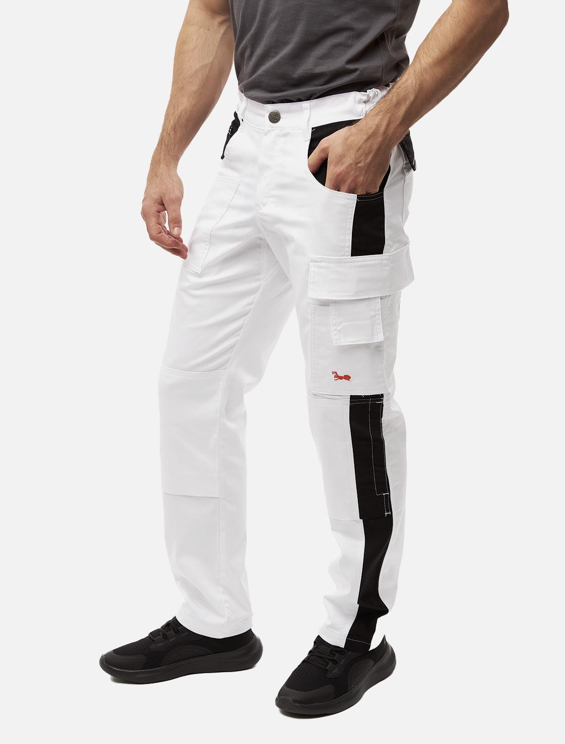Malerhose Herren weiß Stretch mit Kniepolstertaschen – StrongAnt M210 Vorderansicht