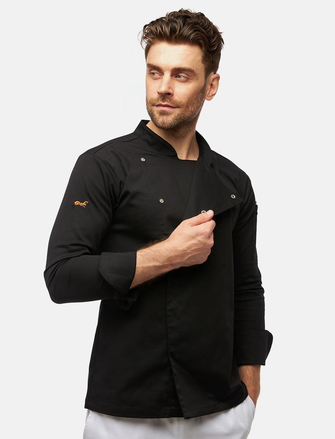 Stretch chef's jacket men with snap fasteners long sleeve slim fit