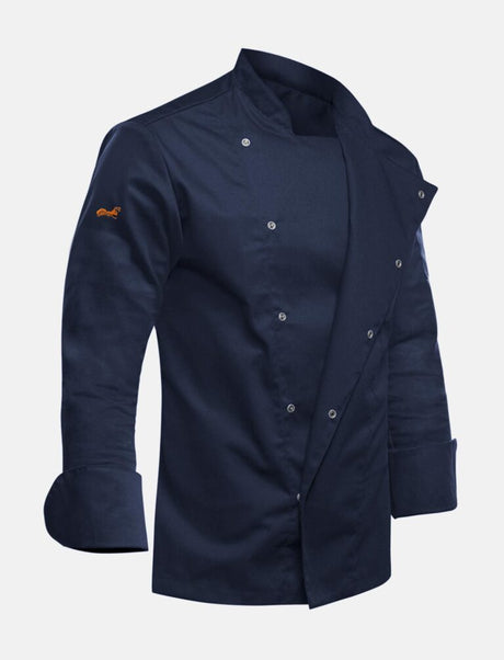 Men's chef's jacket with snap fasteners, dark blue, stretch, long-sleeved, slim fit