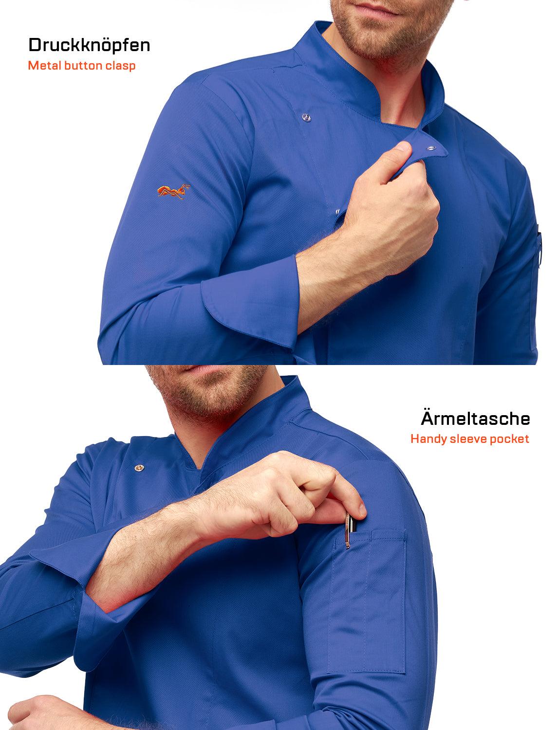 Stretch chef's jacket men with snap fasteners cornflower blue long-sleeved slim fit