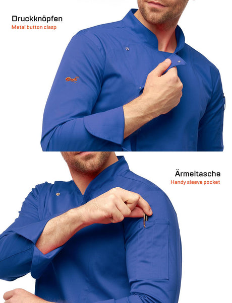 Stretch chef's jacket men with snap fasteners cornflower blue long-sleeved slim fit