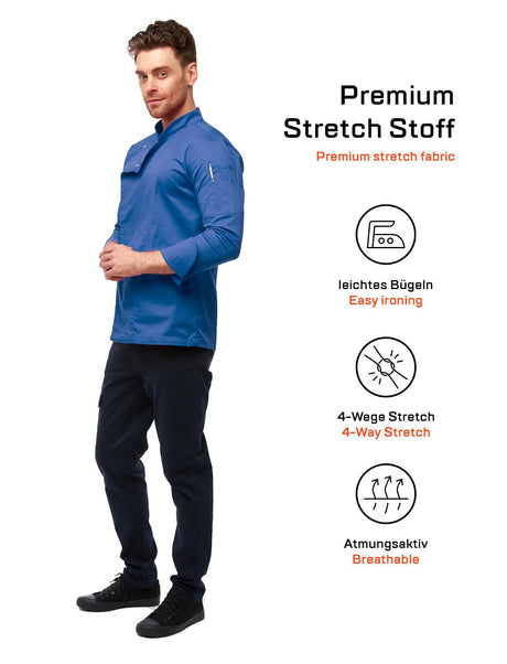 Stretch chef's jacket men with snap fasteners cornflower blue long-sleeved slim fit
