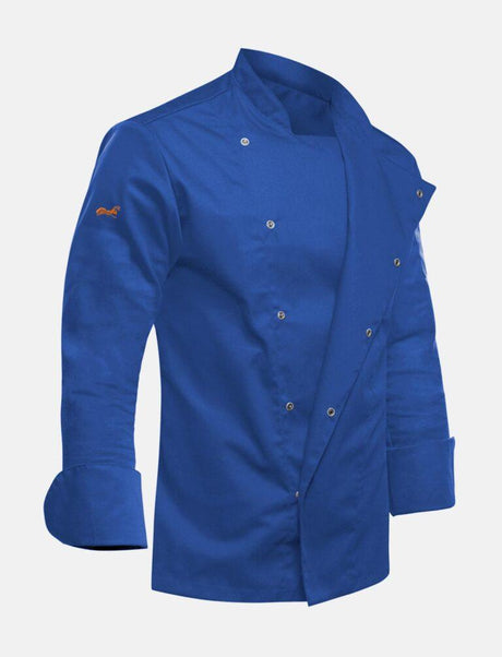Stretch chef's jacket men with snap fasteners cornflower blue long-sleeved slim fit