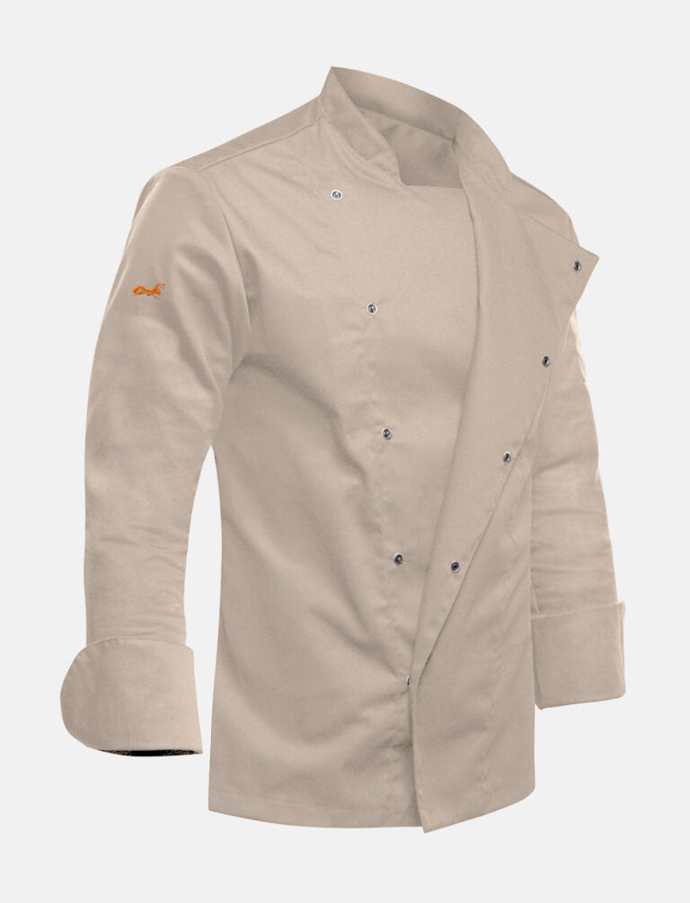 Men's Chef's Jacket with Snap Fasteners Beige Stretch Long Sleeve Slim Fit