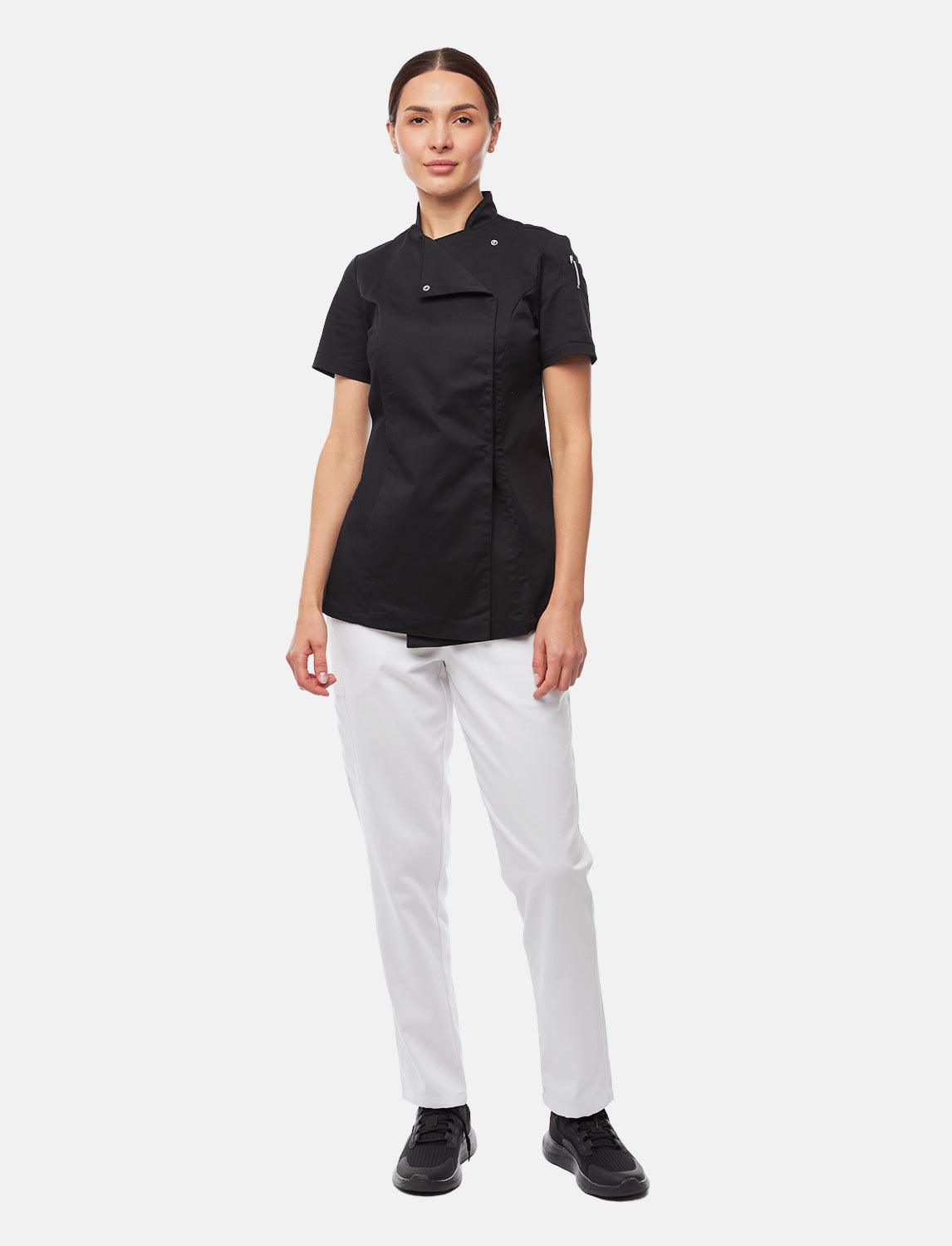 Stretch chef's jacket women with snap fasteners short sleeve slim fit