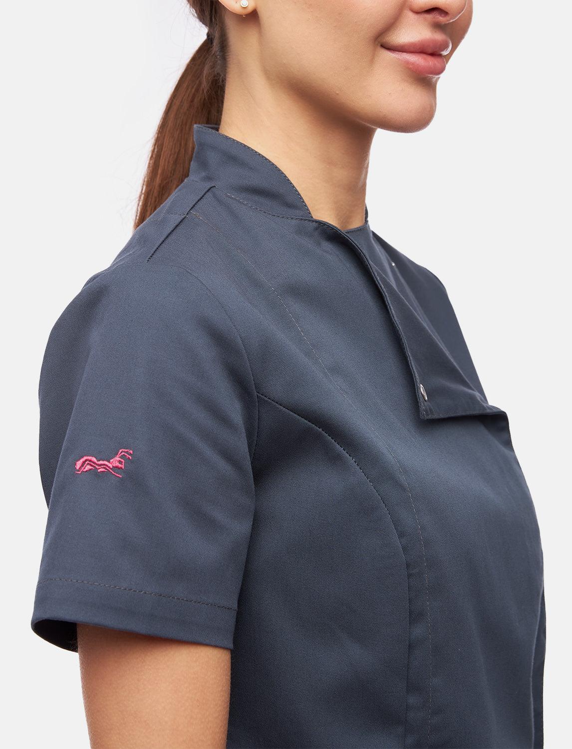 Stretch chef's jacket women with snap fasteners short sleeve slim fit