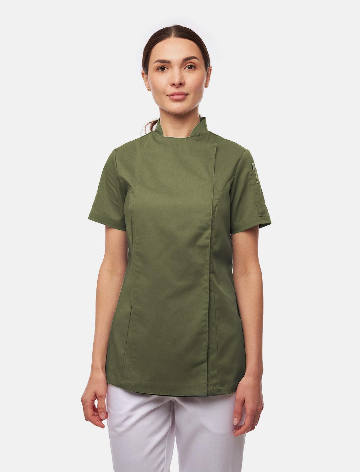 Stretch chef's jacket women with snap fasteners short sleeve slim fit