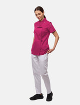 Stretch chef's jacket women with snap fasteners short sleeve slim fit