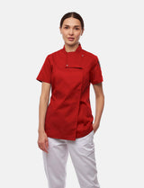 Stretch chef's jacket women with snap fasteners short sleeve slim fit