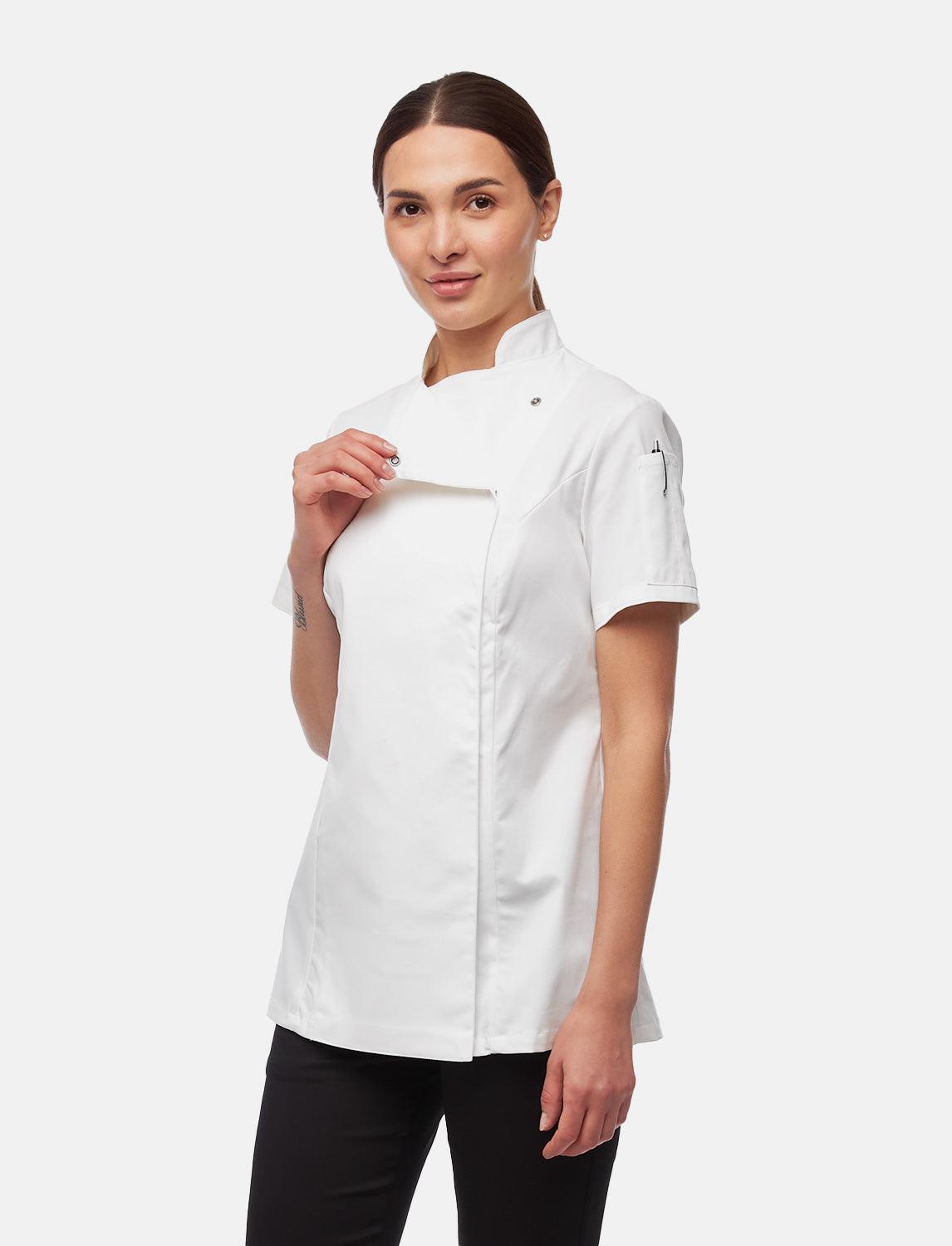 Stretch chef's jacket women with snap fasteners short sleeve slim fit