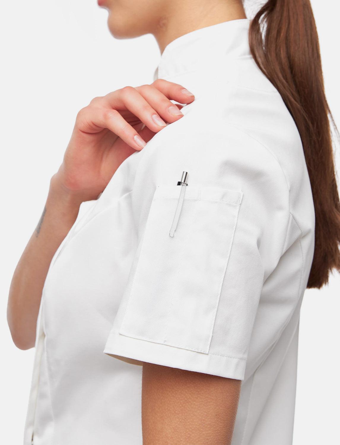 Stretch chef's jacket women with snap fasteners short sleeve slim fit