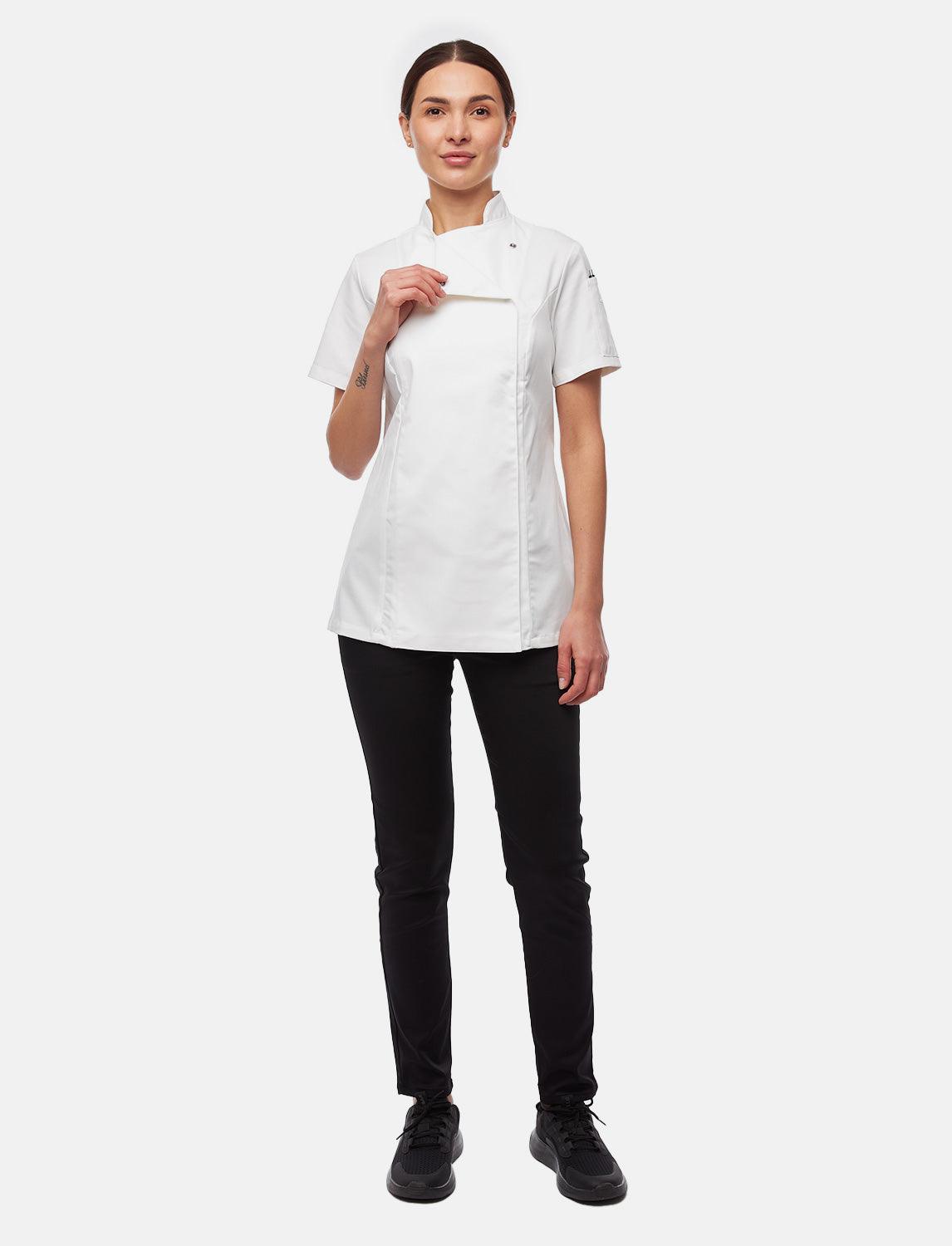 Stretch chef's jacket women with snap fasteners short sleeve slim fit