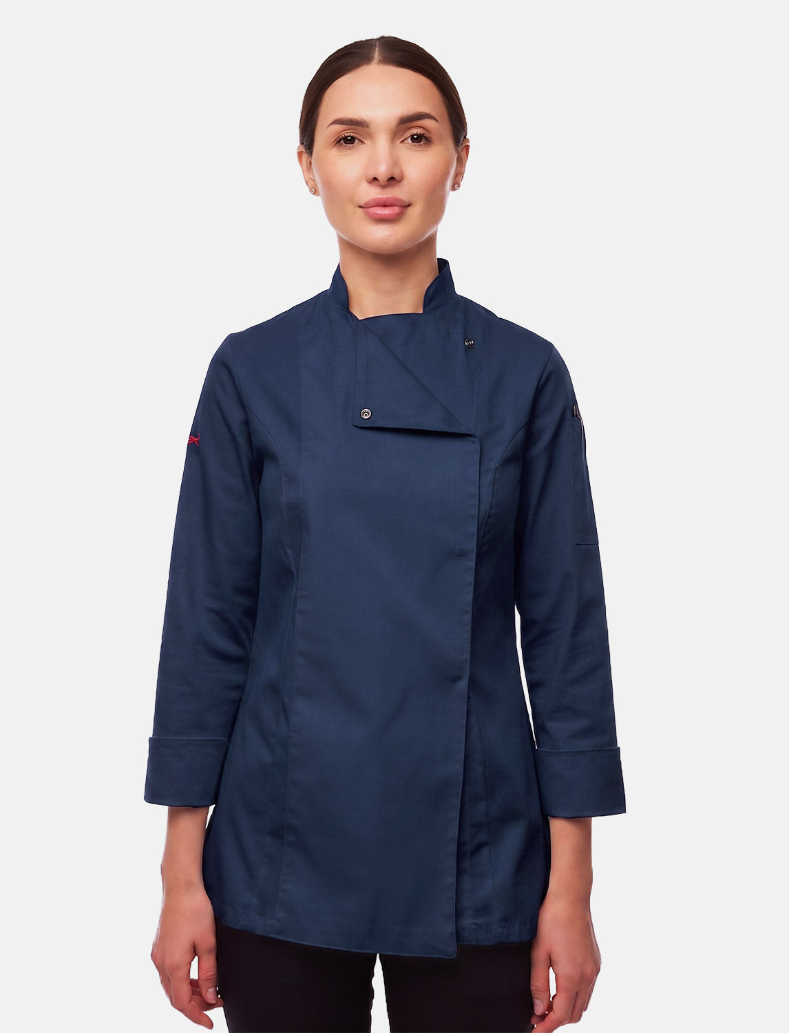 Stretch chef's jacket women with snap fasteners long sleeve slim fit
