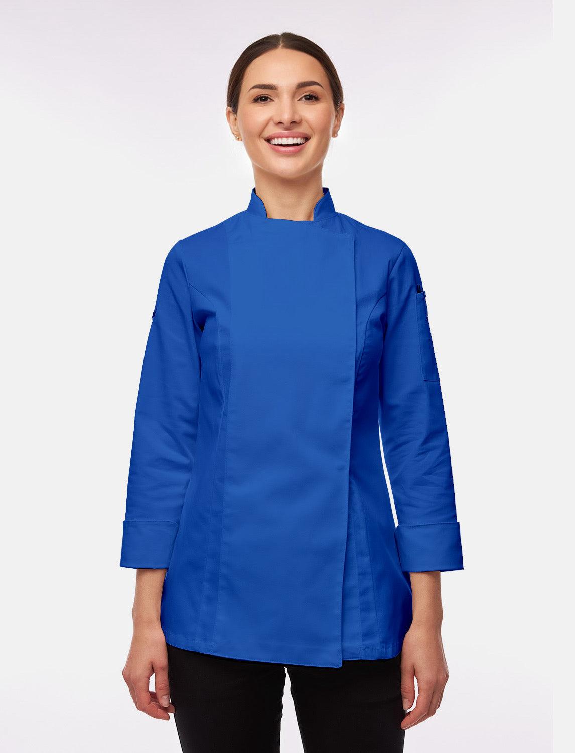 Stretch chef's jacket women with snap fasteners long sleeve slim fit
