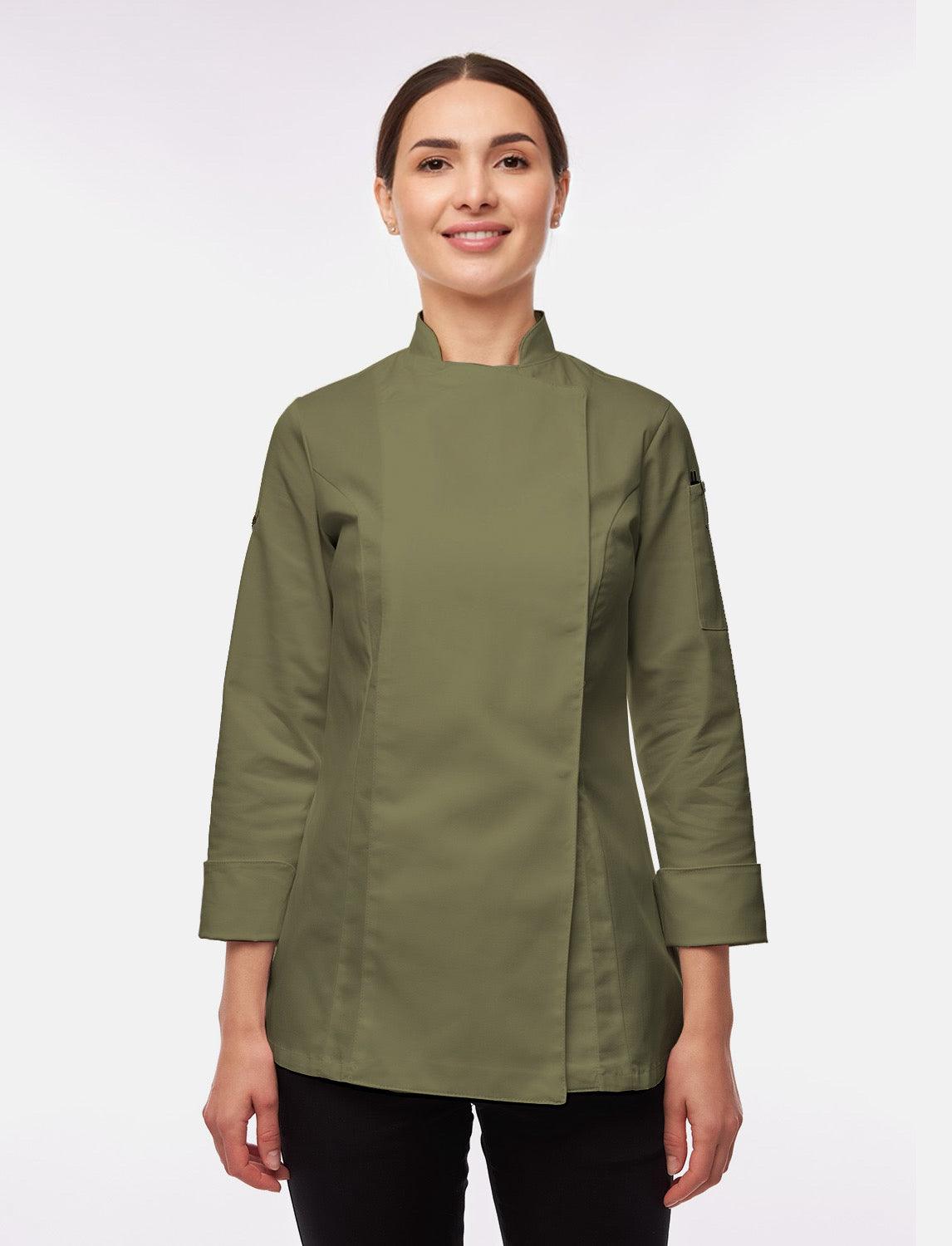 Stretch chef's jacket women with snap fasteners long sleeve slim fit