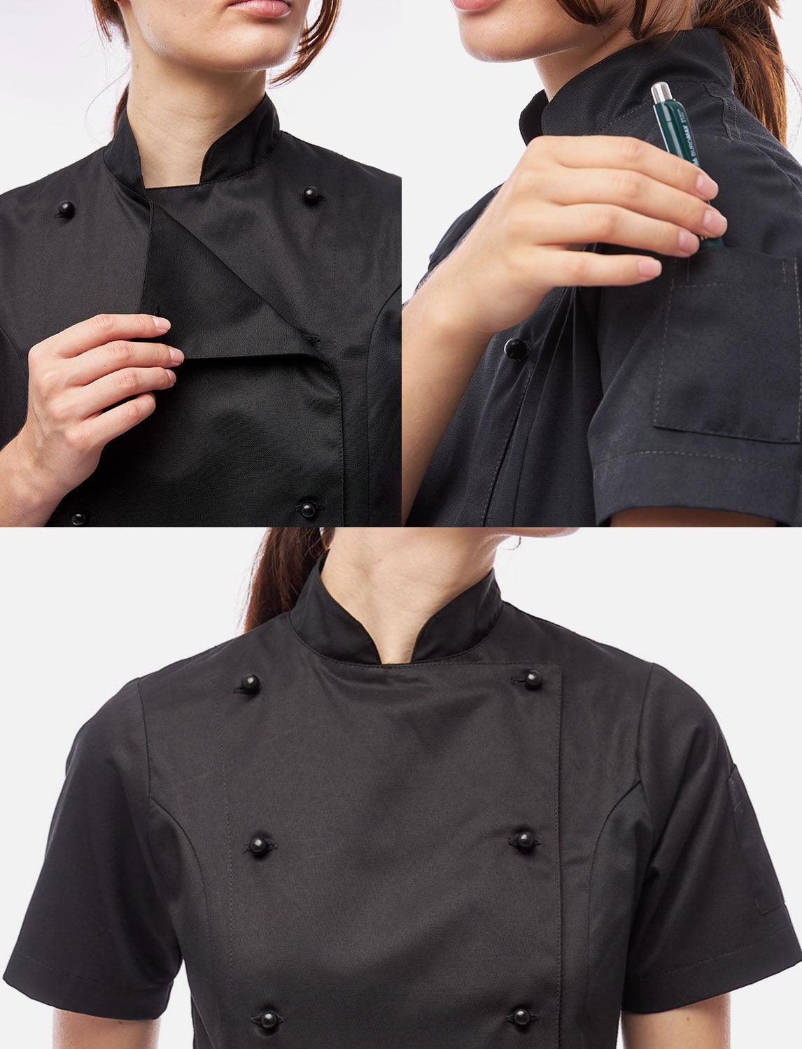 Women's chef's jacket with stretch back including ball buttons, short sleeve