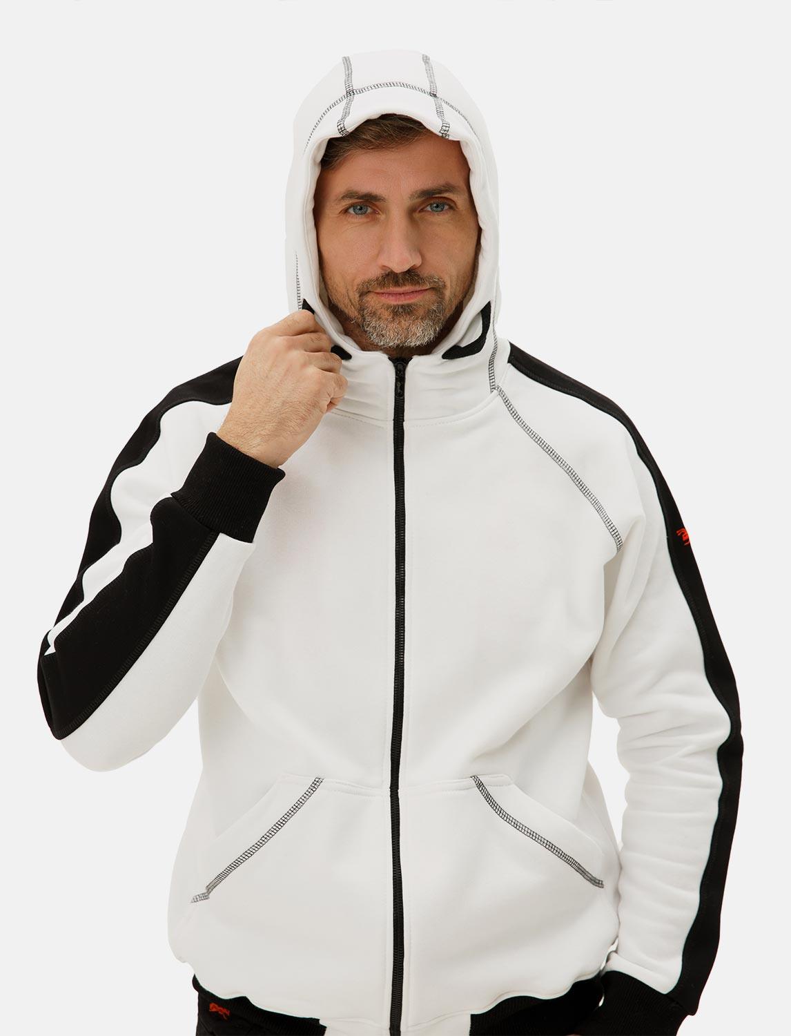 Hoodie homme zippé blanc sweat à capuche hiver polaire