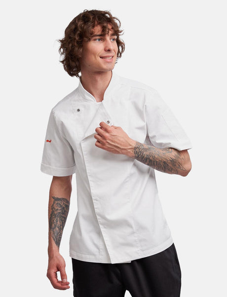 Men's chef's jacket with dryMesh back and snap fasteners, short sleeve, slim fit