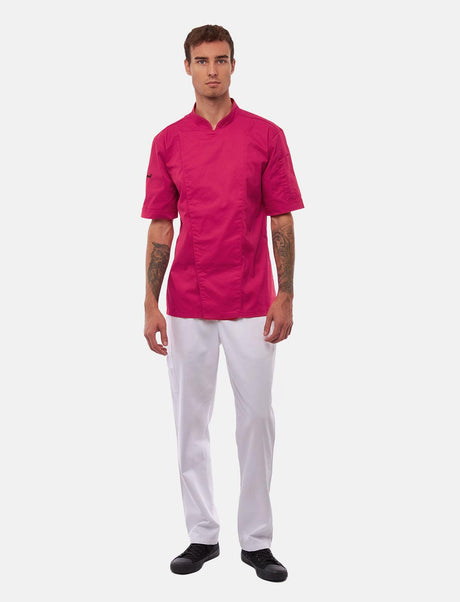 Stretch men's chef's jacket with snap fasteners, short sleeves, slim fit