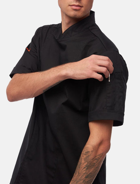 Stretch men's chef's jacket with snap fasteners, short sleeves, slim fit