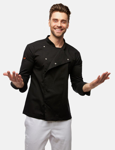 Stretch chef's jacket men with snap fasteners long sleeve slim fit