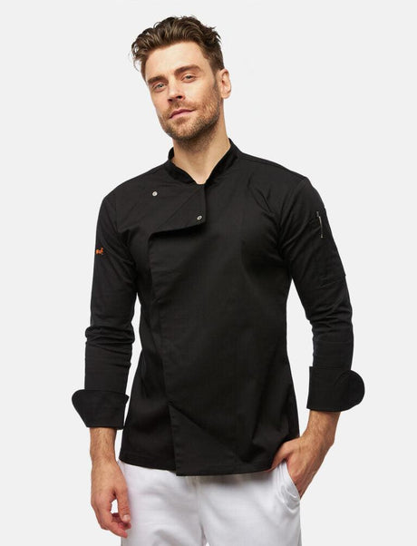 Stretch chef's jacket men with snap fasteners long sleeve slim fit