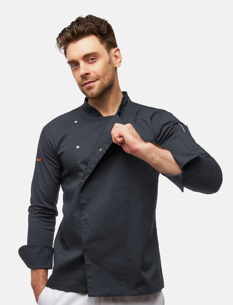 Stretch chef's jacket men with snap fasteners long sleeve slim fit
