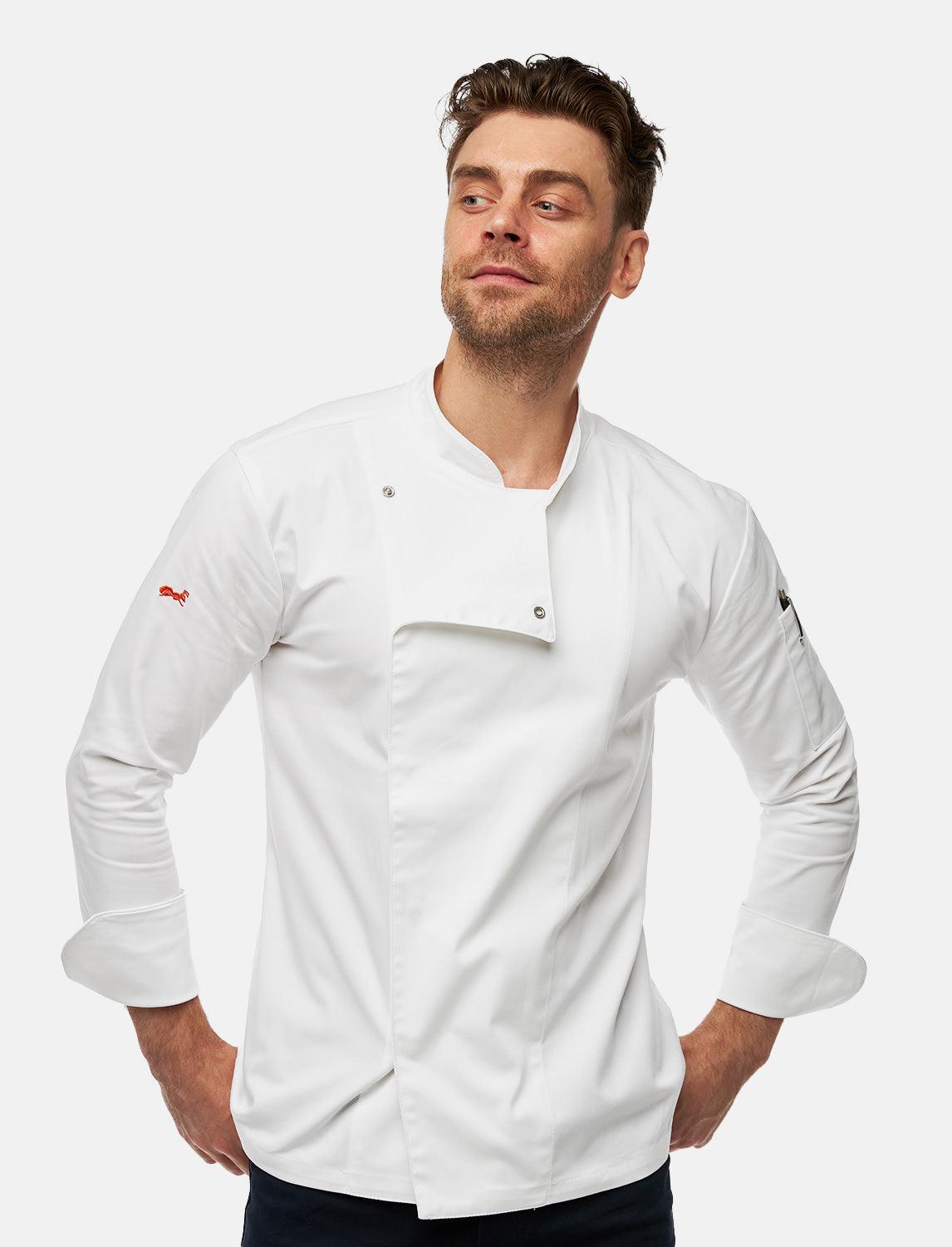 Stretch chef's jacket men with snap fasteners long sleeve slim fit