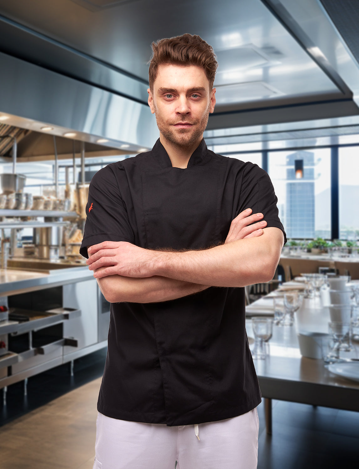 Veste de cuisine homme manches courtes avec dryMesh et boutons-pression | StrongAnt M412KURZSB
