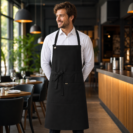 StrongAnt M627 Canvas-Latzschürze Schwarz – Editorial Aufnahme Gastronomie