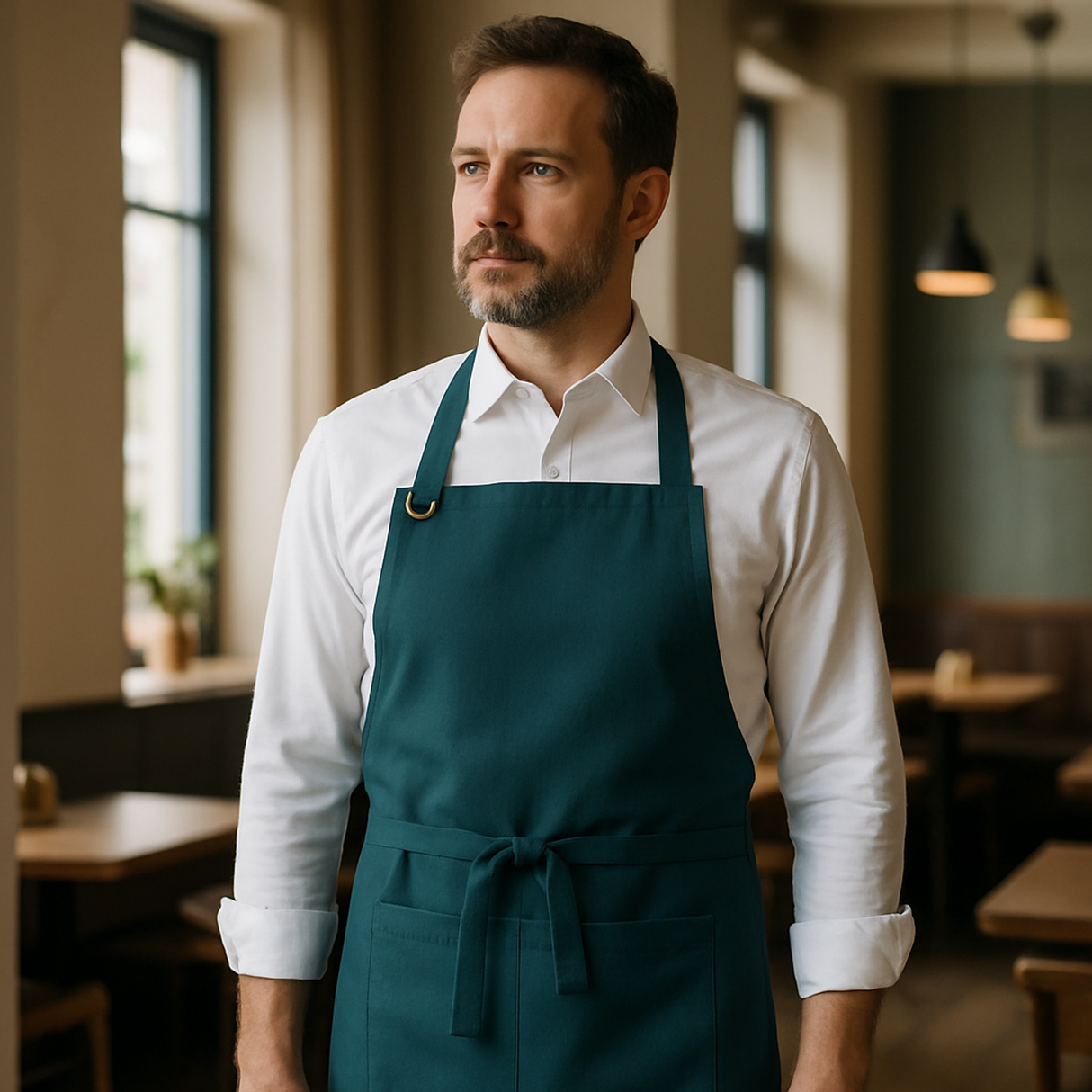 StrongAnt M627 Canvas-Latzschürze Emailleblau – Editorial Aufnahme Gastronomie