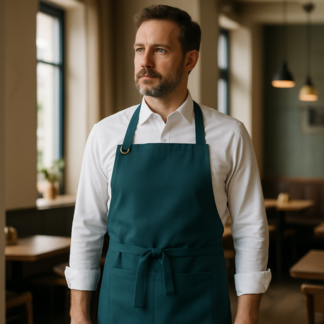 StrongAnt M627 Canvas-Latzschürze Emailleblau – Editorial Aufnahme Gastronomie