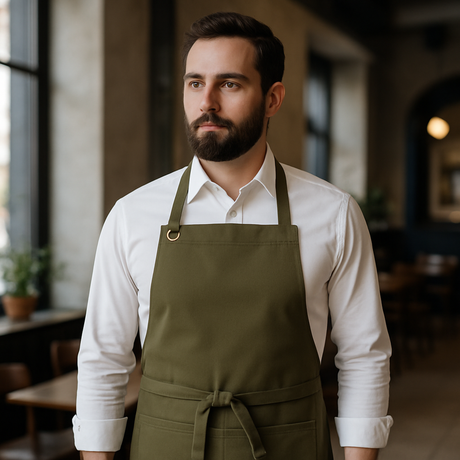 StrongAnt M627 Canvas-Latzschürze Olive – Editorial Aufnahme Gastronomie